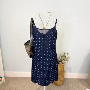 Cute vintage y2k 90s blue polka dot silky babydoll mini slip dress